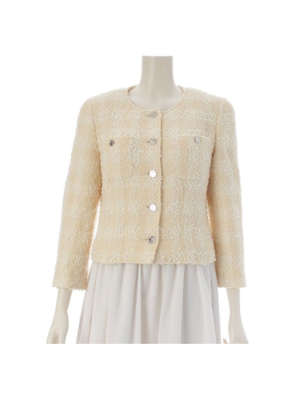 Chanel Tweed Coco Buttons Collarless Jacket White 36